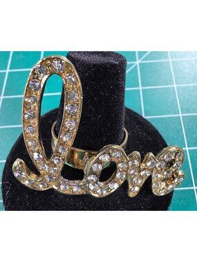 Gold-Tone Ring Adjustable Love Rhinestones statement glam womens Jewelry